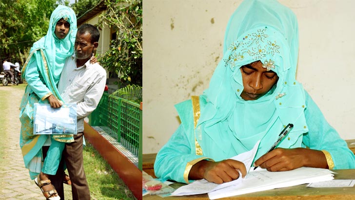 বগুড়ায় বাবার কোলে চড়ে এসে এইচএসসি পরীক্ষা দিচ্ছে নাইচ