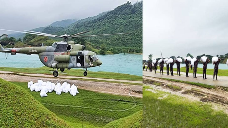 সীমান্তবর্তী অঞ্চলে ত্রাণ পৌঁছে দিল বিজিবি’র হেলিকপ্টার
