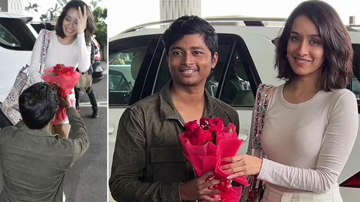 গোলাপ হাতে হাঁটু গেড়ে শ্রদ্ধাকে ভক্তের প্রেম নিবেদন