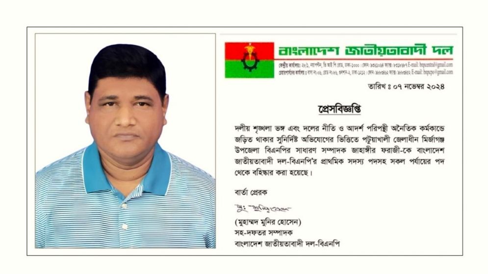 পিস্তলসহ গ্রেফতার সেই বিএনপি নেতাকে বহিষ্কার