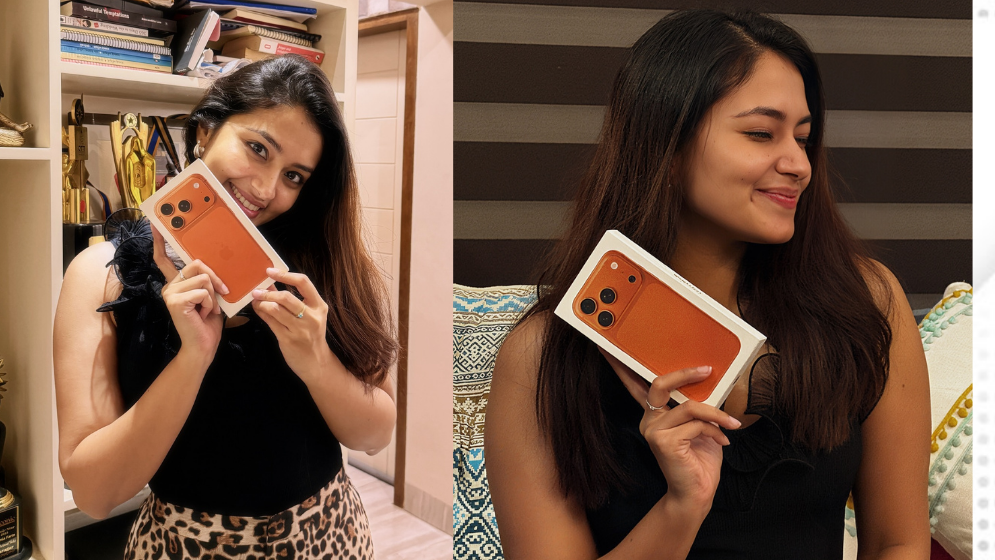 খোলা চুল আর মিষ্টি হাসিতে আইফোন ১৭ হাতে ফারিণ