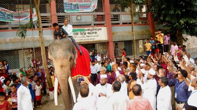অধ্যক্ষকে হাতির পিঠে চড়িয়ে বিদায়