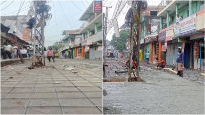 সৈয়দপুরে রাস্তার মাঝে বৈদ্যুতিক খুঁটি রেখেই চলছে নির্মাণ কাজ