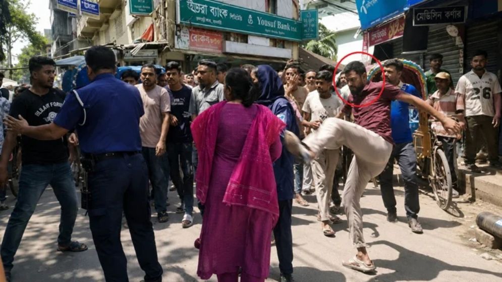 রাজবাড়ীতে পুলিশের সামনে নারী উদ্যোক্তাকে লাথি