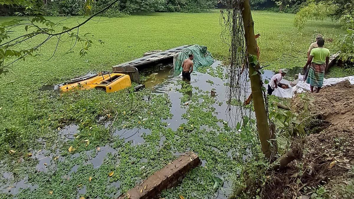 নিয়ন্ত্রণ হারিয়ে খাদে ট্রাক, পানিতে গলে গেল ৩০০ বস্তা সার